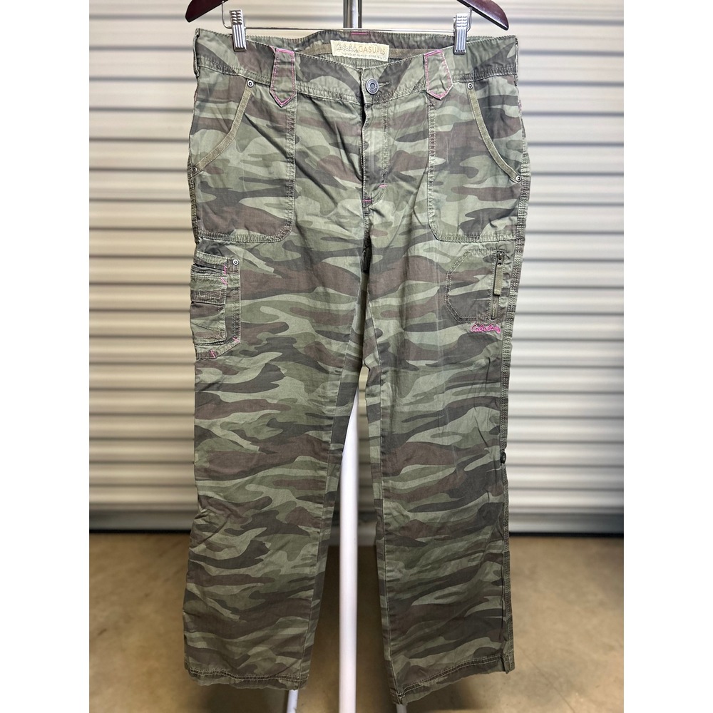 Cabelas Cargo Pants Womens 14 Green Camo Casuals Pink Stitch Ripstop Outdoor